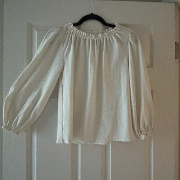 Ann Taylor Eyelet Ivory Smocked Neck Puffed Sleeve Blouse Size XS balloon sleeve - Picture 10 of 12